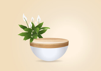 Vector wood podium on wall room background, presentation mock up, show cosmetic product display stage pedestal design