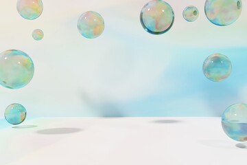 3d render of flying blue and coral marble glass balls on a blue background