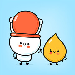 Cute funny happy white toilet bowl and urine deop. Vector hand drawn cartoon kawaii character illustration icon. Funny cartoon WC, toilet bowl and yellow urine drop mascot character concept