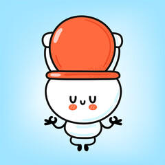 Cute funny happy white toilet bowl meditate in yoga pose. Vector hand drawn cartoon kawaii character illustration icon. Funny cartoon WC, toilet bowl mascot character concept