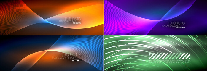 Set of shiny glowing neon lights and lines in the dark. Modern techno abstract background