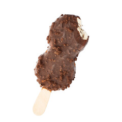  Bite taken Peanuts chocolate vanilla ice cream wooden stick isolated white background