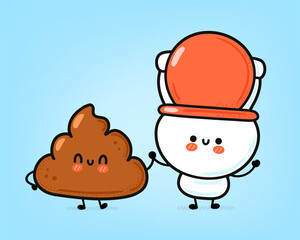 Fototapeta premium Cute funny happy white toilet bowl and poop character. Vector hand drawn cartoon kawaii character illustration icon. Funny cartoon WC, toilet bowl mascot character concept