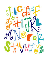 Colorful fun bright rainbow gender neutral  alphabet vector print font illustration, print fork is room, educational print