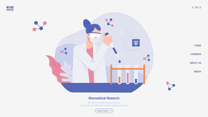 A researcher is conducting research by putting reagents into test tubes in a laboratory. Web page concept template design.