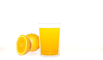 Orange juice in glass and orange on white background. 3d render illustration.