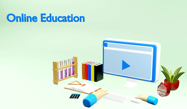 Learning Online at Home. Studying by Personal Computer, Books and Exercise Books, science test tube. Online Education Concept. 3d render illustration.