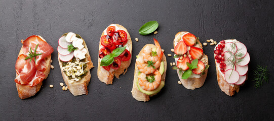 Appetizers board with traditional spanish tapas set. Italian antipasti snacks