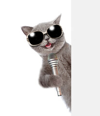 Cat wearing sunglasses holds microphone behind empty white banner. isolated on white background
