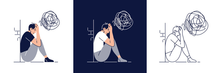 Anxiety concept set. Frustrated stressed man feels anxiety, suffers from mental illnesses. Psychological diseases, mental disorders, stress, mental disorders for web design. Flat vector illustration - 437818538