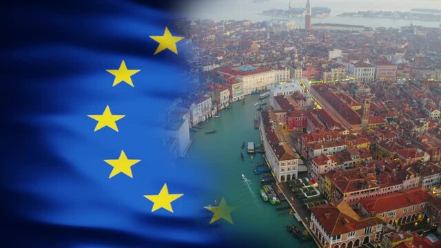 EU flag split with aerial view of Venice, Italy - 3D render animation