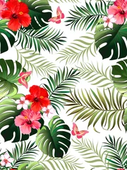 Gordijnen Tropische Bladeren Tropical pattern with hibiscus, palm leaves. Summer vector background for fabric, cover,print design.  © Logunova  Elena