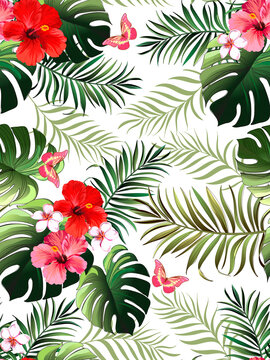 Tropical pattern with hibiscus, palm leaves. Summer vector background for fabric, cover,print design.
