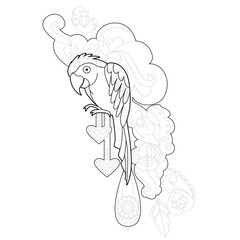 Contour linear illustration for coloring book. Beautiful bird parrot, anti stress picture. Line art design for adult or kids  in zentangle style and coloring page.