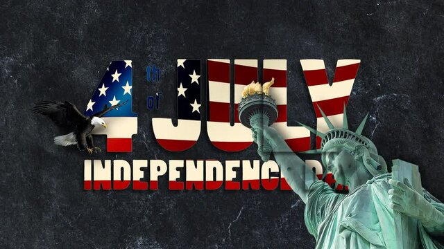 Text in the form of a waving US flag - 4 th of july Independence Day - against a background of dark marble with the Statue of Liberty and a flying eagle. 4k video of high quality 16x9. ProRes 422 HQ.