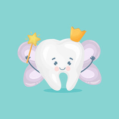 Cute tooth, flying fairy with shining effect stars, cartoon character, oral dental hygiene, vector.