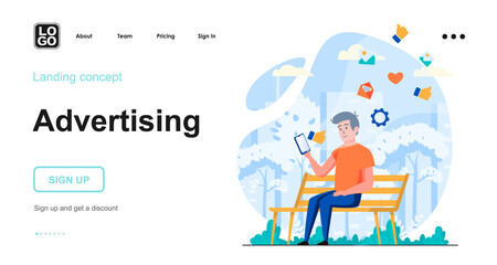 Advertising web concept. Internet marketing and promotion in social networks at mobile apps. Template of people scenes. Vector illustration with character activities in flat design for website