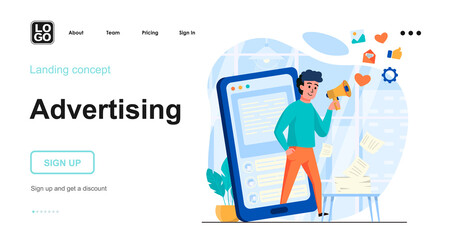 Advertising web concept. Man makes ad campaign, attracting new customers, promoting at mobile apps. Template of people scenes. Vector illustration with character activities in flat design for website