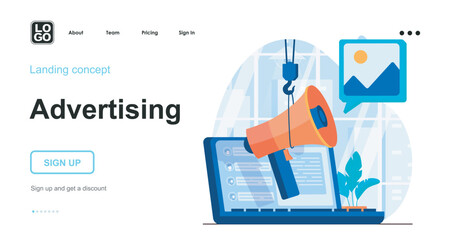Advertising web concept. Online ad campaign, attracting new customers, business promotion service. Template of people scenes. Vector illustration with character activities in flat design for website