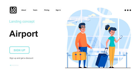 Airport web concept. Passengers with luggage waiting in line to boarding, flights and travel. Template of people scenes. Vector illustration with character activities in flat design for website