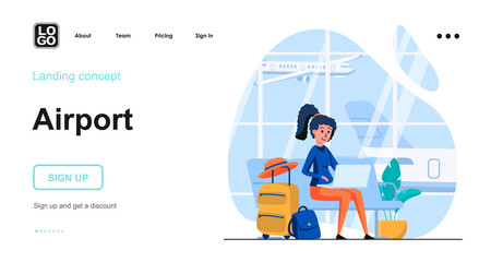 Airport web concept. Woman traveler with luggage sits in waiting room before boarding plane. Template of people scenes. Vector illustration with character activities in flat design for website