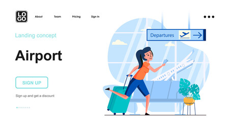 Airport web concept. Woman with luggage hurries to boarding at departure gate, flights and travel. Template of people scenes. Vector illustration with character activities in flat design for website