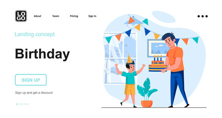 Kid birthday party web concept. Father holding birthday cake, celebrating holiday with son at home. Template of people scene. Vector illustration with character activities in flat design for website