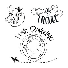 Time to travel. I love traveling. Set of stickers. Lettering. Black and white. Isolated vector objects on white background. 
