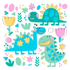 Dinosaur: Tyrannosaurus, Diplodocus, Brontosaurus. Cartoon animals. Plants: flowers and leaves. Doodle figures. Isolated vector objects on a white background. Set.