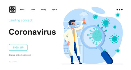 Coronavirus web concept. Scientist research virus, test in laboratory, creates vaccine or medicine. Template of people scenes. Vector illustration with character activities in flat design for website