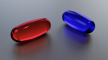 Red and blue pill on flat surface. 3D rendering illustration. 
