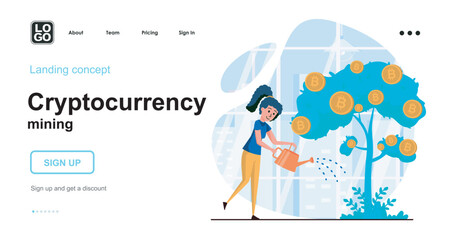 Cryptocurrency mining web concept. Woman watering money tree with bitcoins. Investment tools. Template of people scene. Vector illustration with character activities in flat design for website