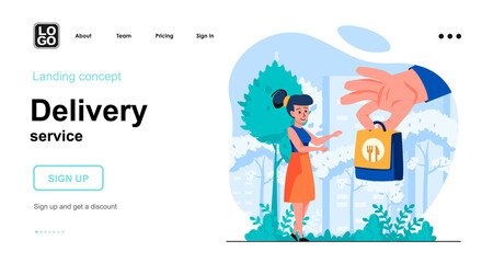 Delivery service web concept. Express food delivery. Woman receives order from courier at home. Template of people scene. Vector illustration with character activities in flat design for website