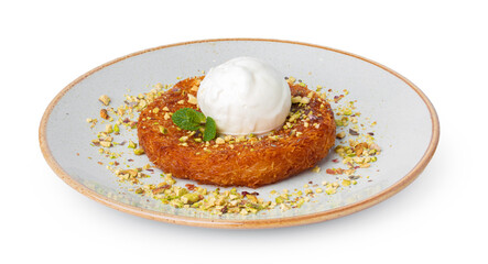 Turkish dessert Kunefe with ice cream ball isolated on white
