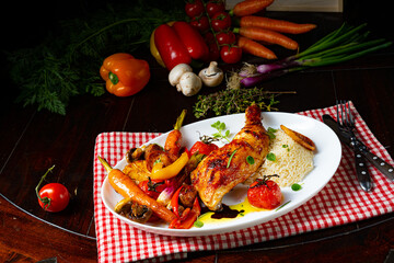 Rustic fried chicken legs with assorted vegetables and rice