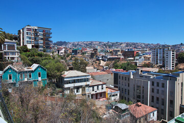 The view on the hill with vintage houses in Valparaiso, Pacific coast, Chile