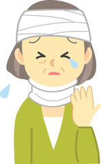 イラスト素材：ケガシリーズ　年配女性が交通事故で頭に包帯を巻いてむち打ち用コルセットで泣いている姿
