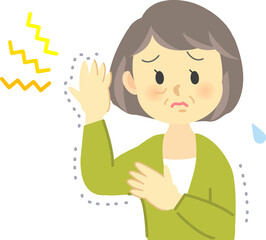 イラスト素材：ケガシリーズ　年配女性が病気や事故の後遺症で手や体の震えに悩む姿
