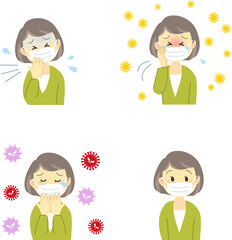 イラスト素材:年配女性のマスク姿セット、咳をする、花粉症で目が痒くて苦しむ、ウィルスに怯える
