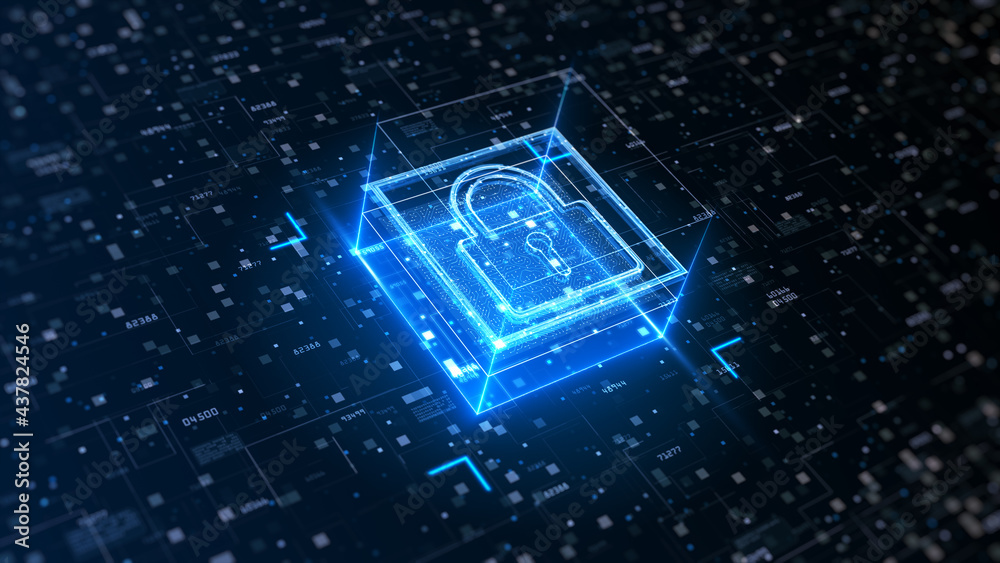 Poster padlock of cyber security on circuit board, digital data network protection, big data analysis futur