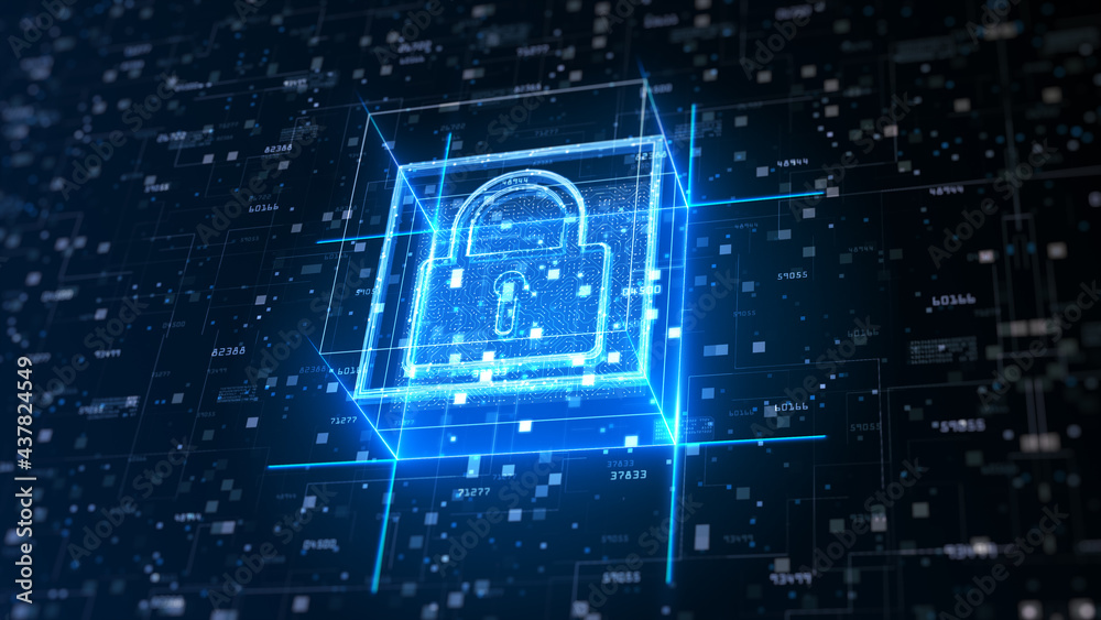 Poster padlock of cyber security on circuit board, digital data network protection, big data analysis futur