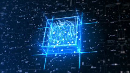 Fingerprint on the circuit, releasing binary codes, microchip data processing, Digital data security concept. 3d rendering