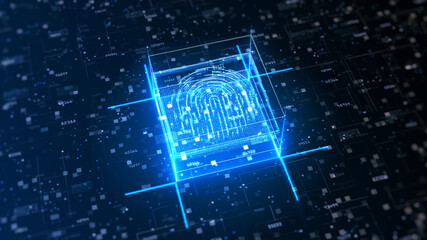 Fingerprint on the circuit, releasing binary codes, microchip data processing, Digital data security concept. 3d rendering
