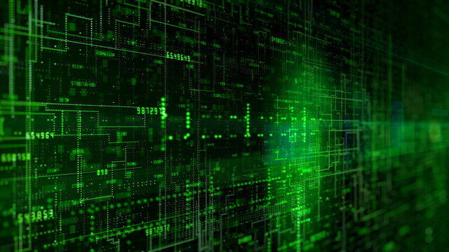 Green digital cyberspace with particles futuristic technology concept, Digital data matrix flowing and lighting, High speed internet connection data analysis process abstract background. 3d rendering