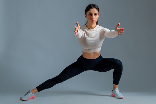 Sporty Girl Doing Bodyweight Lateral Split Squats On Grey Background