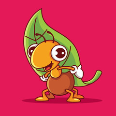 Cartoon cute ant character with smile carrying big green leaf 