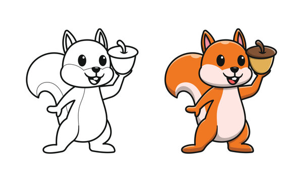 Cute squirrel carrying nuts cartoon coloring pages for kids