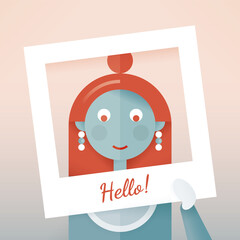 Young girl holding photo shoot frame prop with Hello text. Concepts: online dating, selfie photography, social media network new post publishing (Facebook, Twitter), photo sharing services (Instagram)