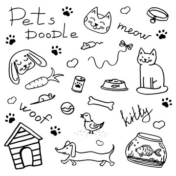 Doodle on the topic: pets. Taking care of your favorite pets. Hand drawing. Vector image on a white background