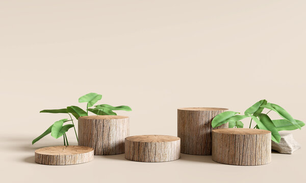 Wooden product display podium with nature leaves on brown background. 3D rendering